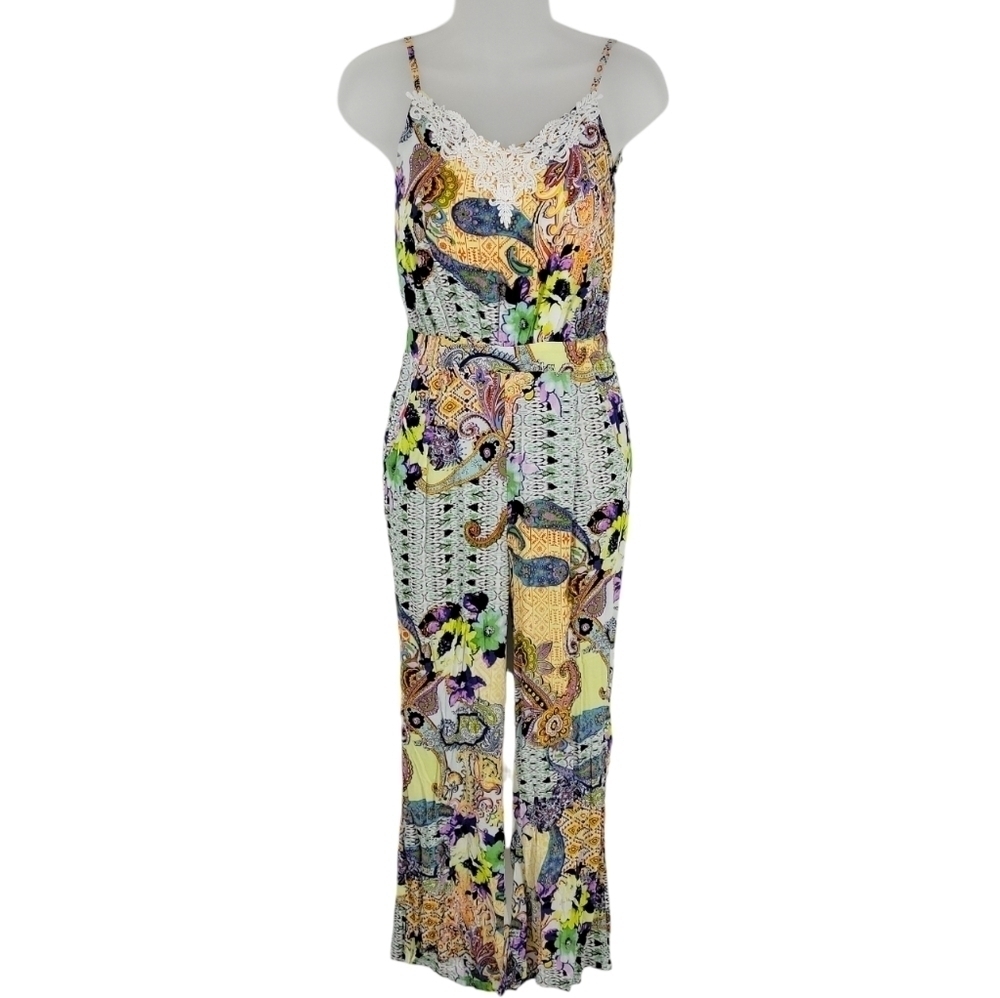 LUXMI Womens Vibrant Floral‎ Romper With White Lace Trim Size S
